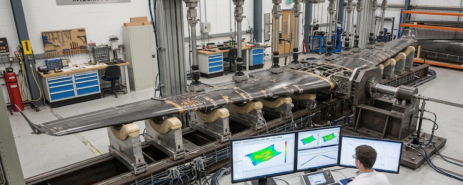 Image dipicting a structural test of a composite wing.